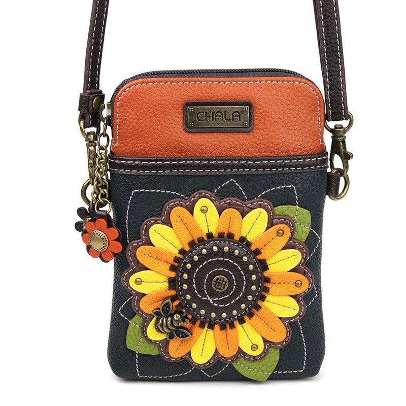 CHALA Plant Life Collection Cell Phone Crossbody Purse-Women PU Leather/Canvas Multicolor Handbag with Adjustable Strap - Sunflower - navy - Image 2